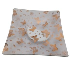 Georges Briard Vintage Gold Butterfly Sunburst Square Glass Plate 9.5in